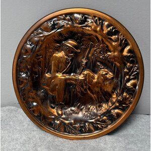 Vintage Embossed Copper Wall Plaque Hunting Scene 6.5" Diameter Round Rustic Dec